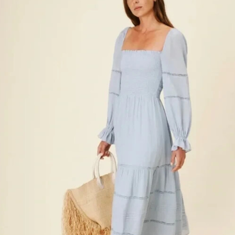 Reformation Jessy Dress Smocked Midi Dress Mineral Blue Boho Women's Size 6 - Picture 3 of 16